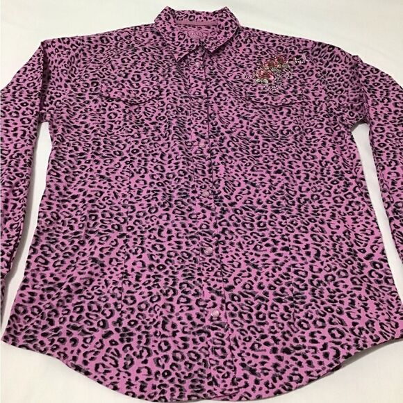 Cowgirl Hardware Pink Leopard Print Long Sleeve Button Down Top Size XL - Picture 1 of 10
